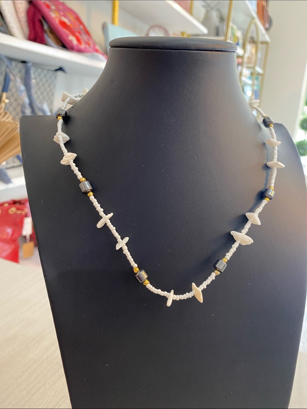 Shell Bead Station Necklace in White and Hematite